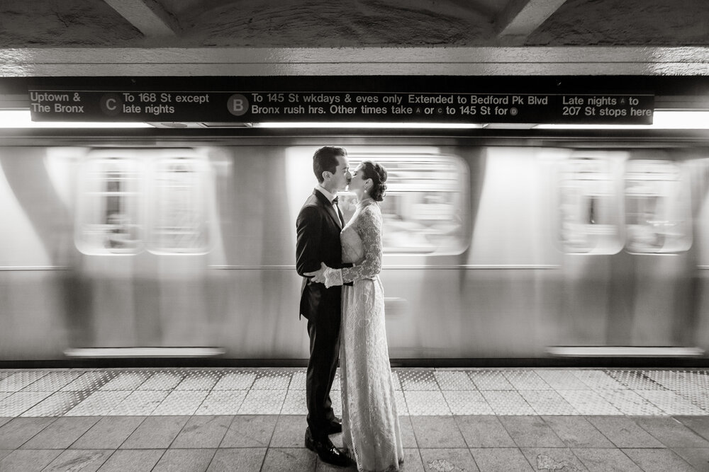 bride and groom kiss wedding nyc subway moves