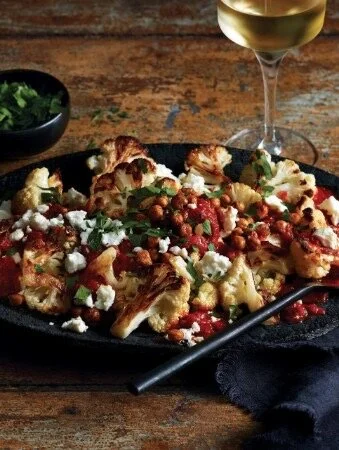                      Roasted Cauliflower Florets with Tomato Feta DRizzle                              (Optional Crunchy Chickpea Topping)