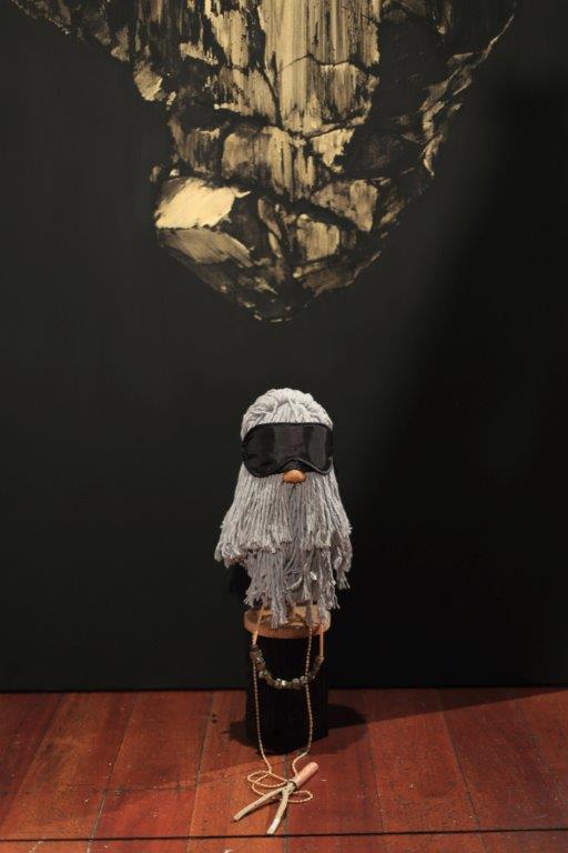 Francis, 2013, found mop heads, sleeping mask, plastic nose, drinking straws, paper towel dispenser, plastic necklace, pyrite, stick, modeling clay, string, glue, paint, nail, wire, 190mm 384mm x 190mm; Seer (Pyrite 1), 2013, Acrylic on board w