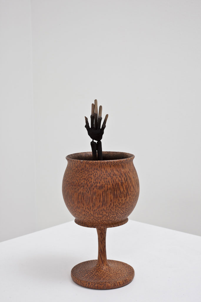 Waving while drowning , 2011, wood, wire, charcoal, glue, found goblet.