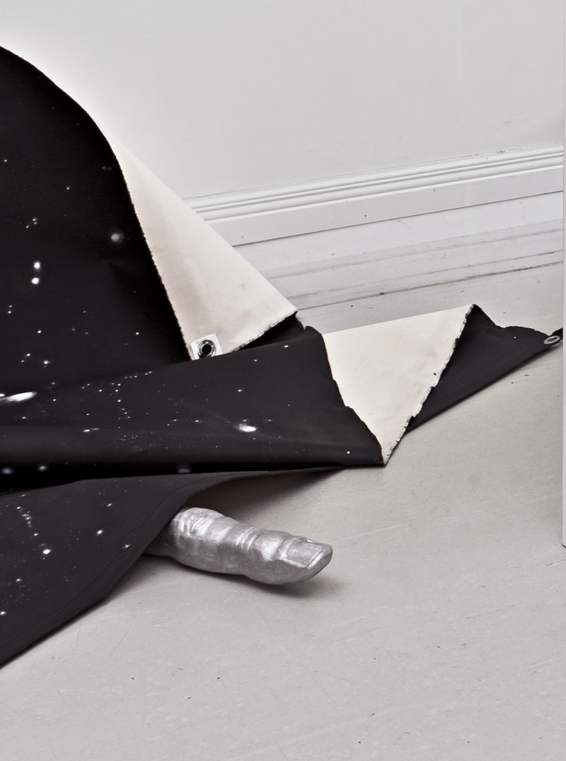 Guidance Tool , 2011, cast aluminium; and Recover , 2011, acrylic on unstretched canvas, metal eyelets, rope.