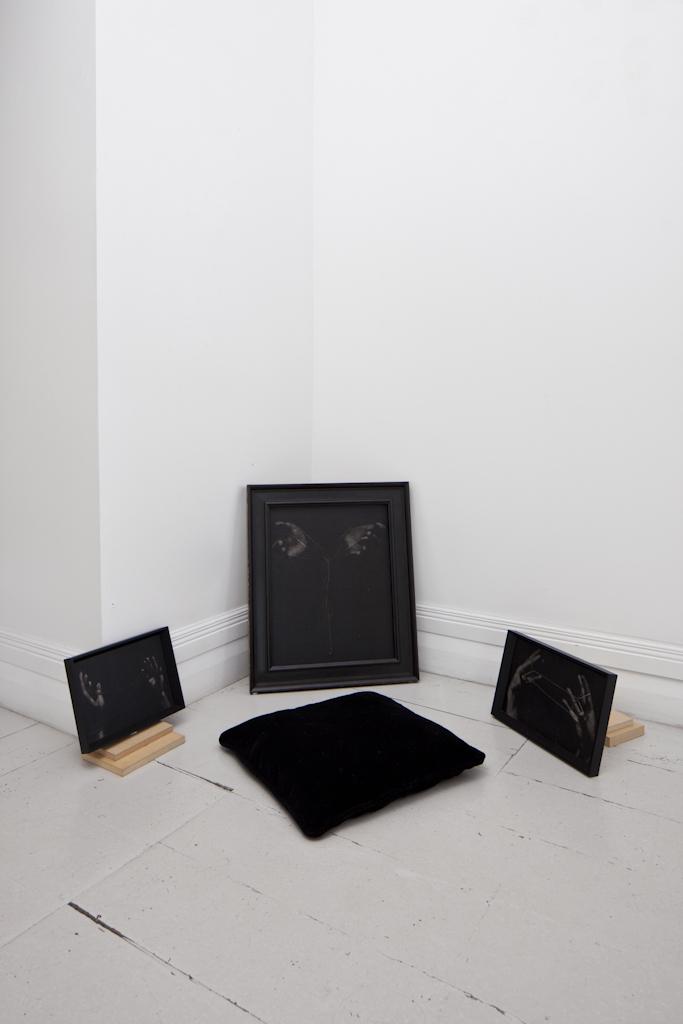 String Trick I, II and III , 2011, oil and gesso on board, MDF chocks and velvet cushion.