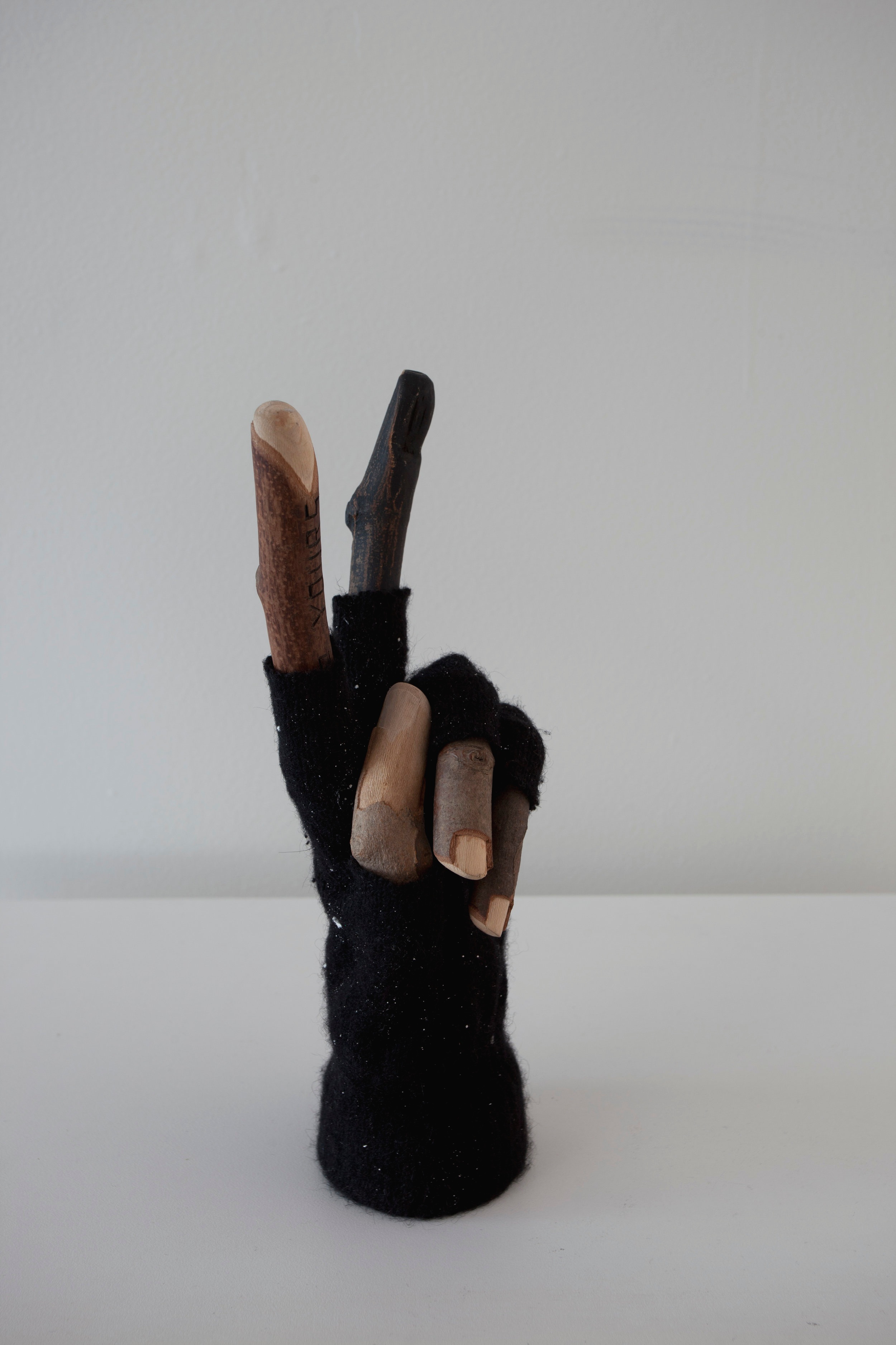 Victory ( Lover Hater) , 2011, wood, paint, wire, cork, artist’s glove.