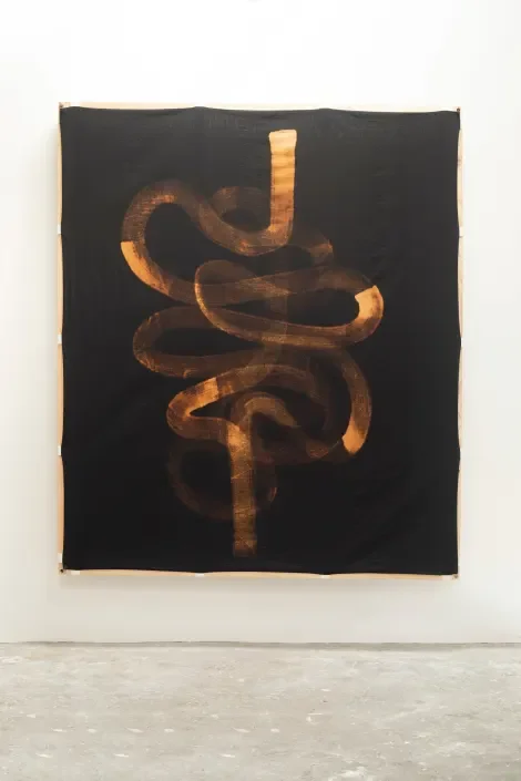   Guts . 2025. Calico, bleach, belting, pine bed frame, tacks. 2000 x 1700 x 110mm 