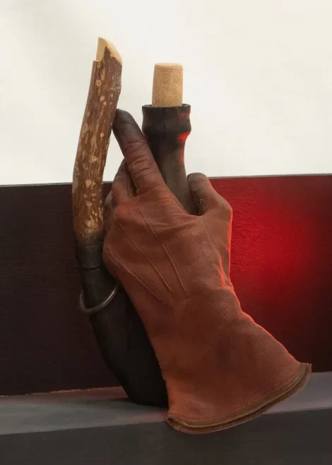   Hamish . 2010. Wood, cork, found bottle and glove. 270 x 160 x 180mm 