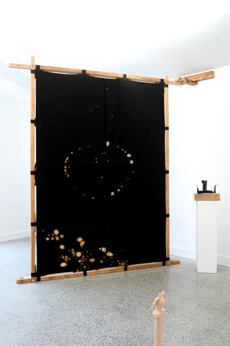   Immortelle . 2025. Calico, bleach, thread, wood-fired clay buttons, hazel, apple and quince wood from family orchard, rimu, oak and elastic. 3900mm x 2400mm x 150mm. 