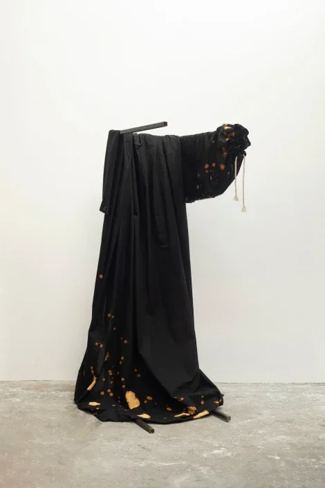   Transformer.  2025. Calico, silk, bleach, found steel table frame. 1730 x 800 x 900mm 