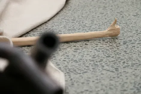  Installation view of  Thumbs Up . 2024. Fried clay. 280 x 20 x 13mm 