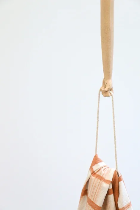  Detail  Dad . 2024. Hand-painted calico, cord, thread, fired clay. 3000 x 240 x 240mm 