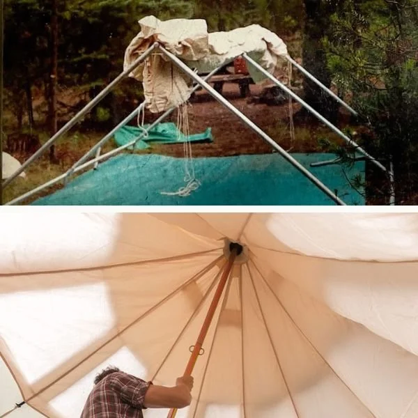 collage of frames and poles of wall tent and bell tent installation