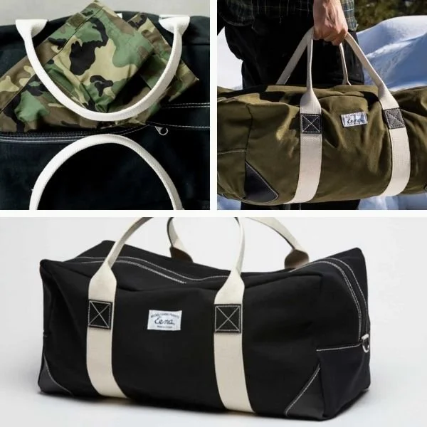 collage of Peace and War duffel bag by Beckel Canvas