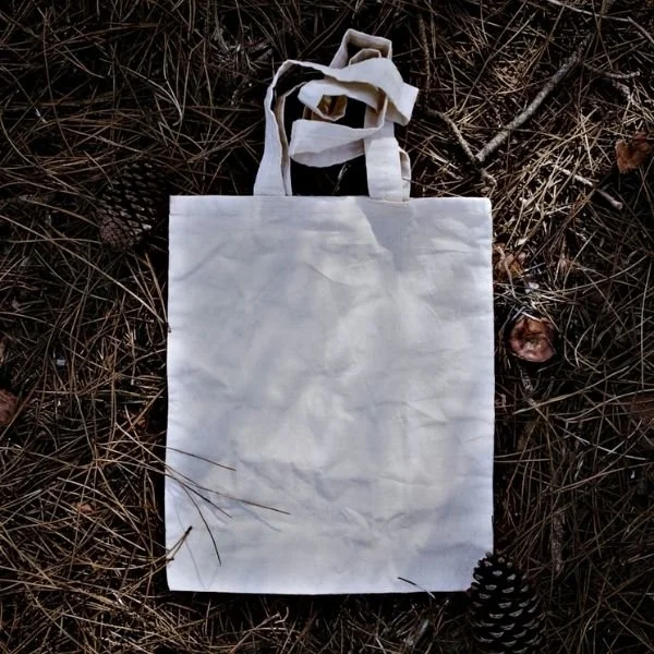 blank white canvas tote bag laying on a pine straw ground
