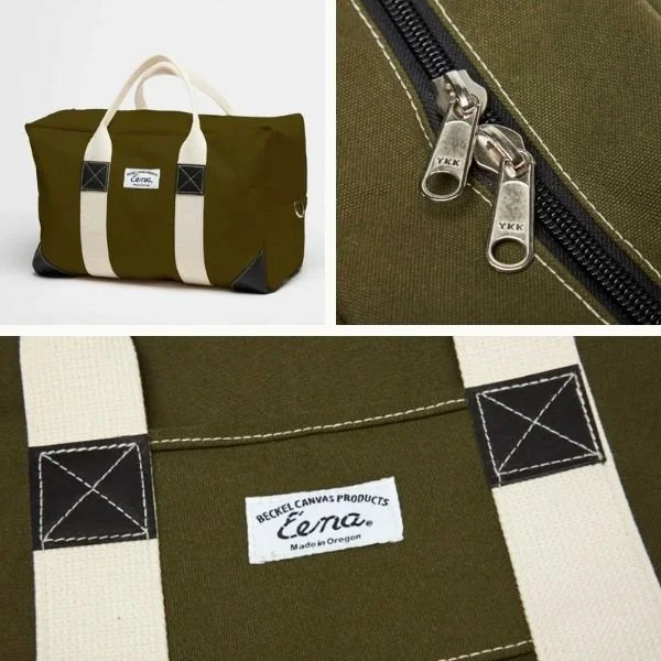 collage of green canvas duffel bag with zipper and stitched strap details by Beckel Canvas