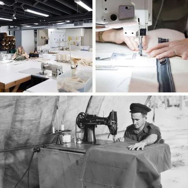 collage of soldier sewing canvas bag and modern sewing warehouse manufacturer
