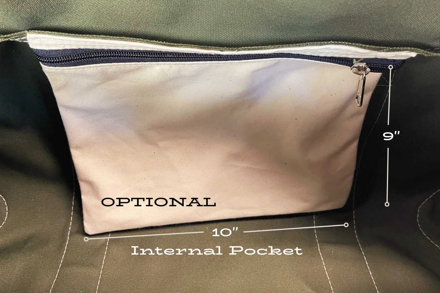 pocket with zipper inside canvas green duffle