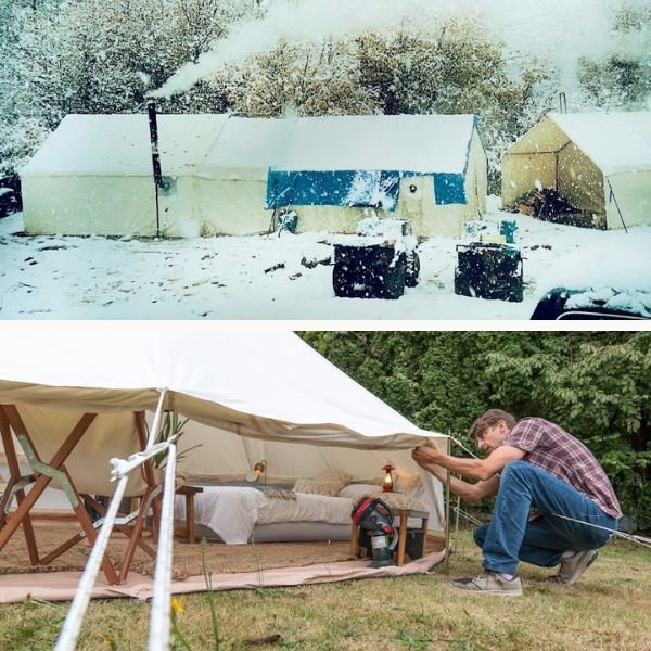 collage of wall tent in snow and bell tent raised widewalls