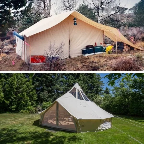 collage of wall tent vs. bell tent setup up