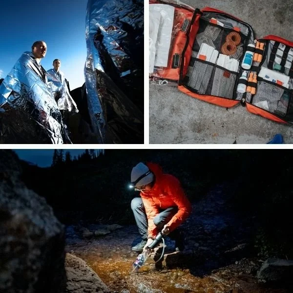 collage of emergency blanket, first aid kit, and portable water filter