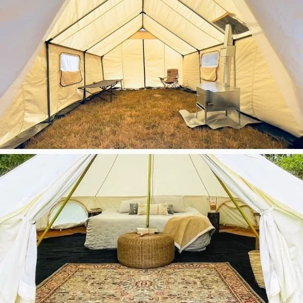 collage of wall tent interior and bell tent interior