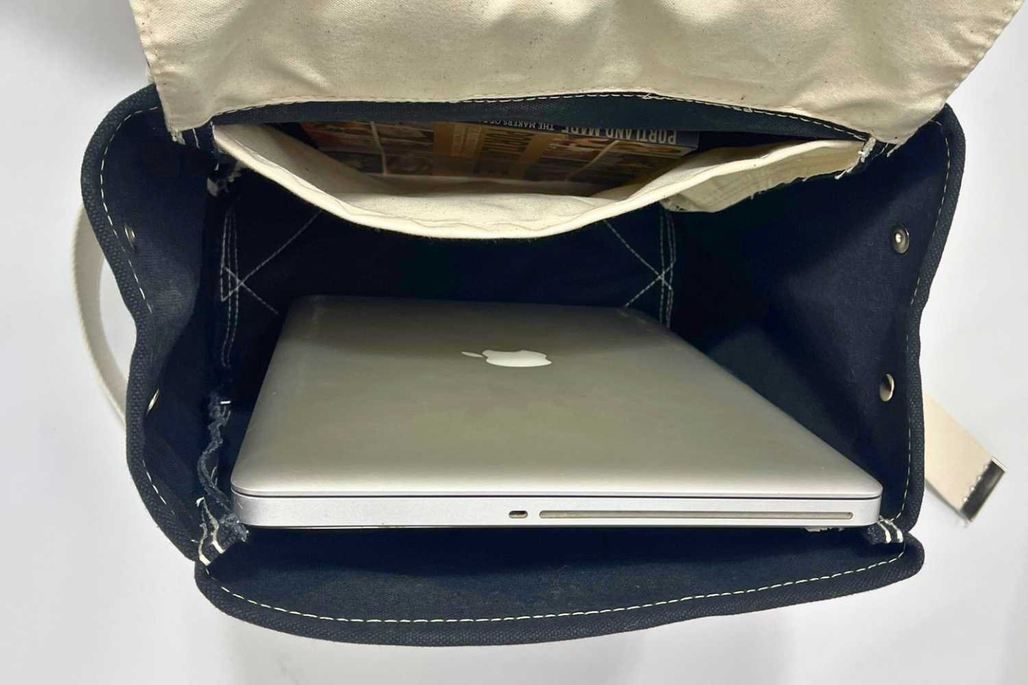 inside canvas backpack with laptop and pocket