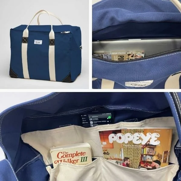 collage of navy blue canvas parachute kit bag with pocket details by Beckel Canvas