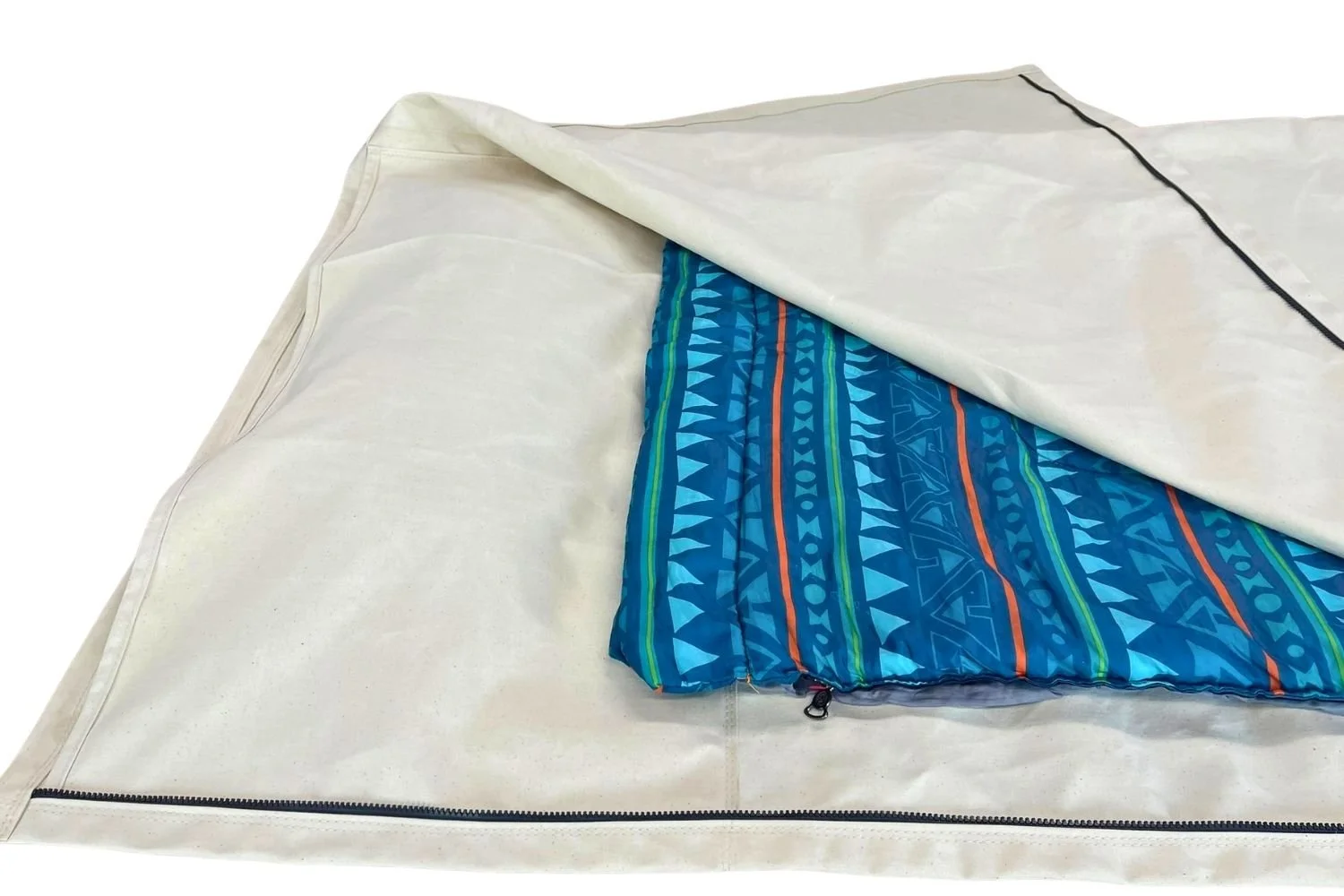 top of kids bedroll showing zippers and pillow
