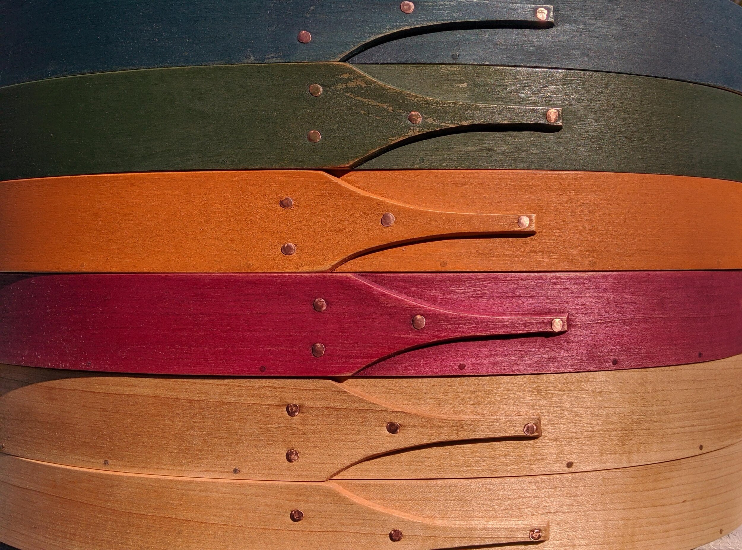 a variety of #9 trays in milk paint and natural maple