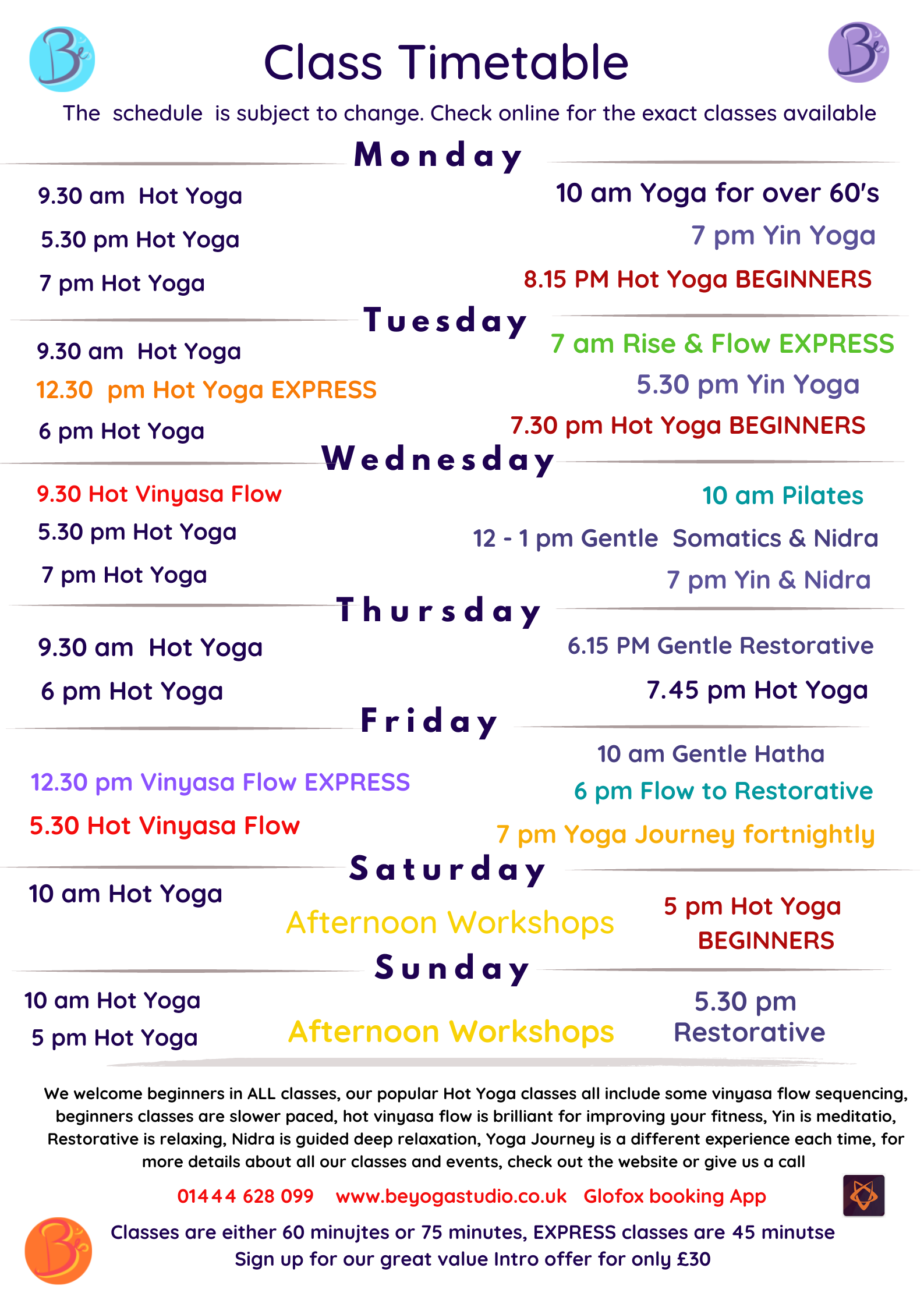 Class Schedule — Be-Yoga