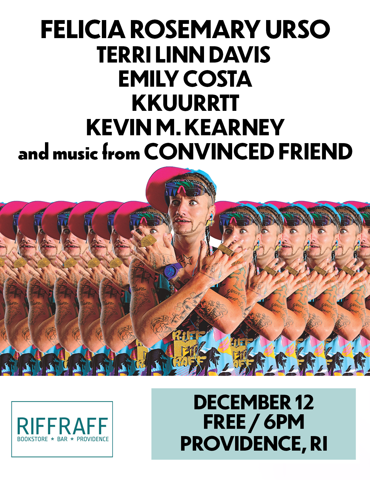 Poster for December 12, 2025 literary reading at Riff Raff bookstore in Providence, Rhode Island