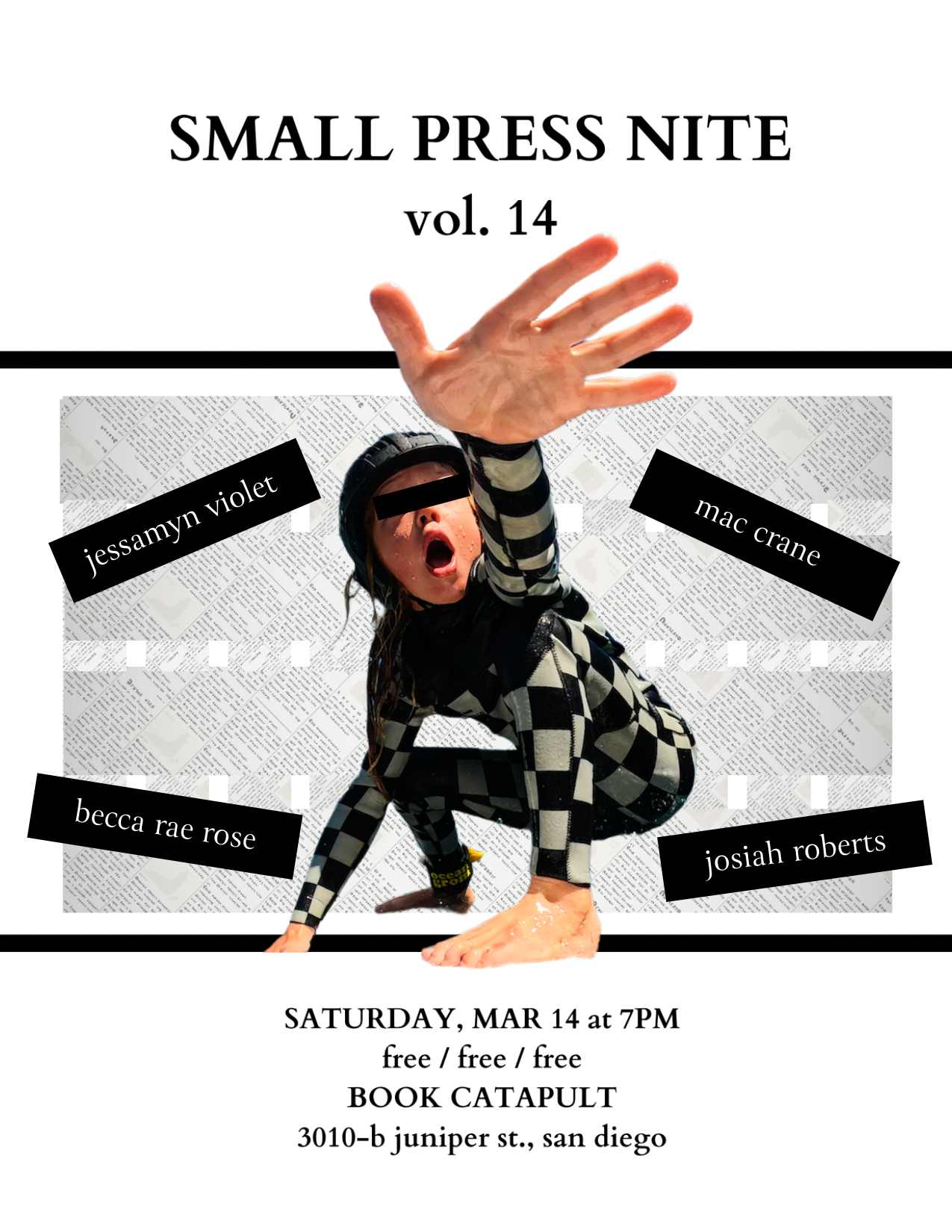 Flyer for Small Press Nite volume 14 event in San Diego on March 14, 2026