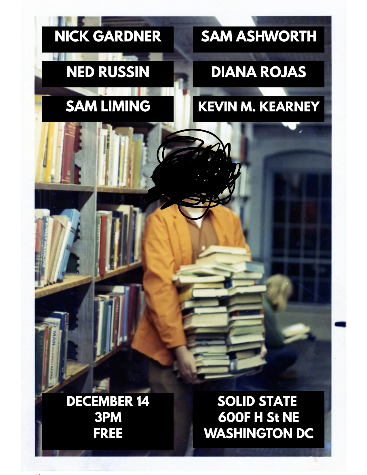 Poster for Washington DC literary reading on December 14 2025 featuring Kevin M. Kearney