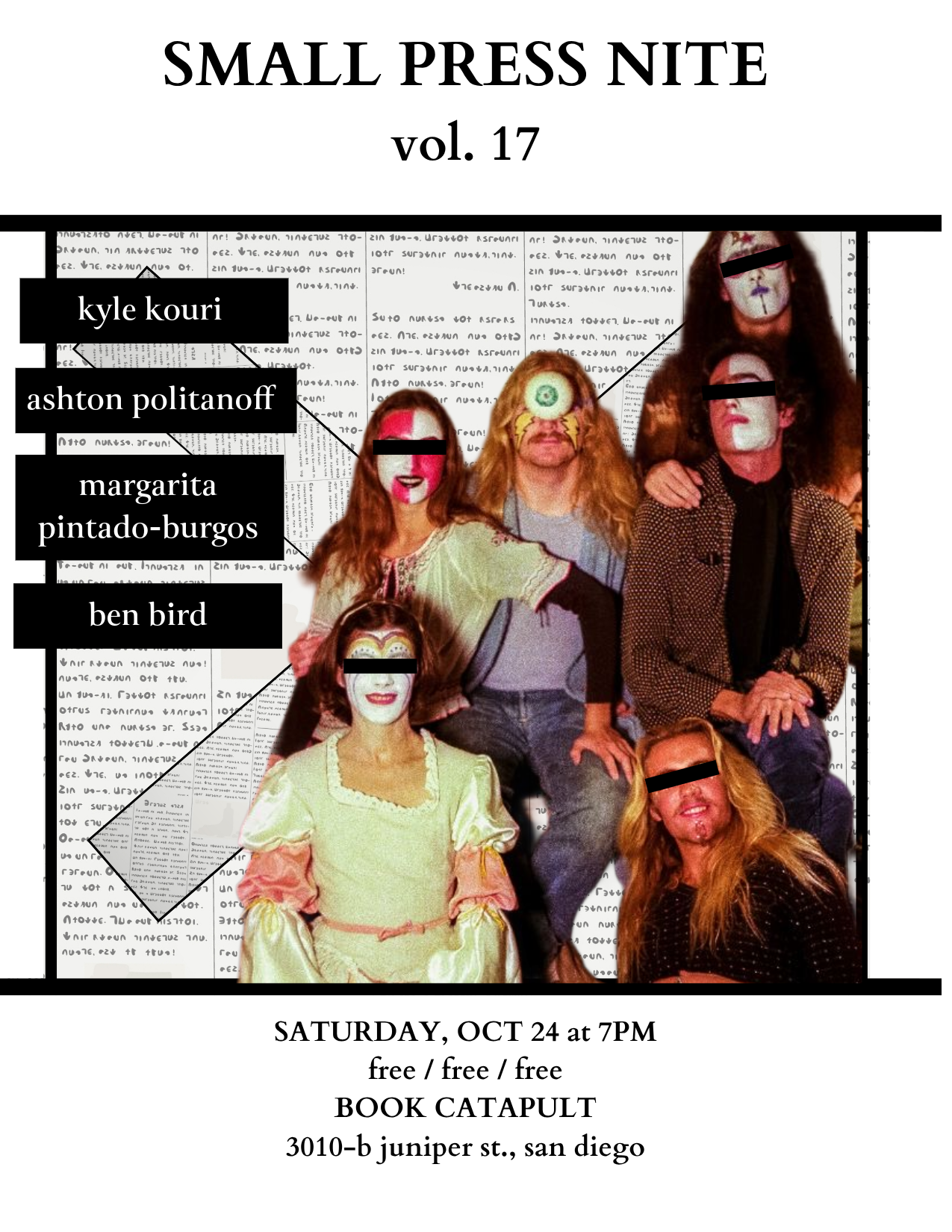 Flyer for SMALL PRESS NITE volume 17, a literary reading in San Diego for October 24, 2026.