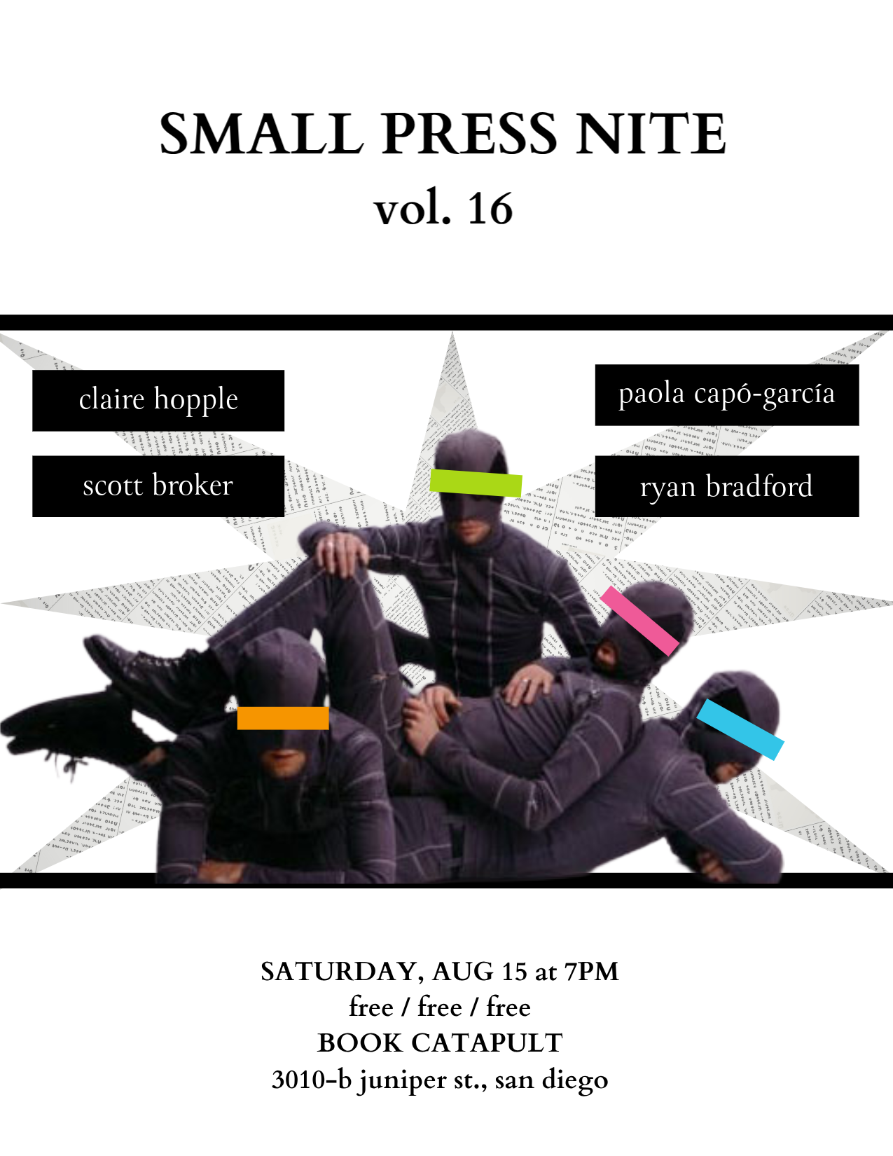 Flyer for SMALL PRESS NITE volume 16 literary reading in San Diego, California on August 15, 2026