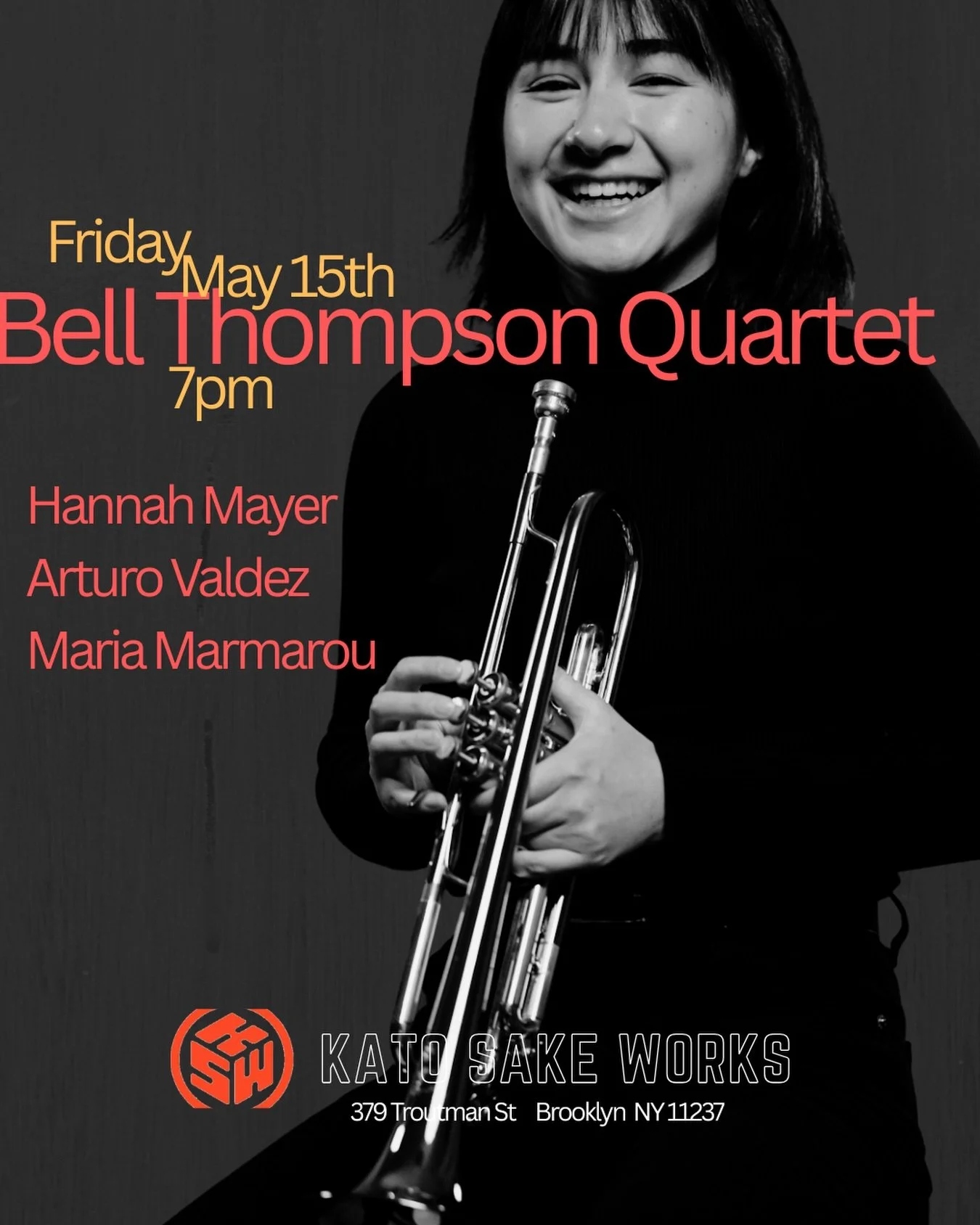 Looking forward to playing at @katosakeworks on Friday May 15th from 7:00pm - 9:00pm with these incredible musicians! Come hang ☺️🎶🎺