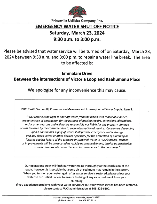 Emmalani Drive Emergency Water Shut Off Notice 