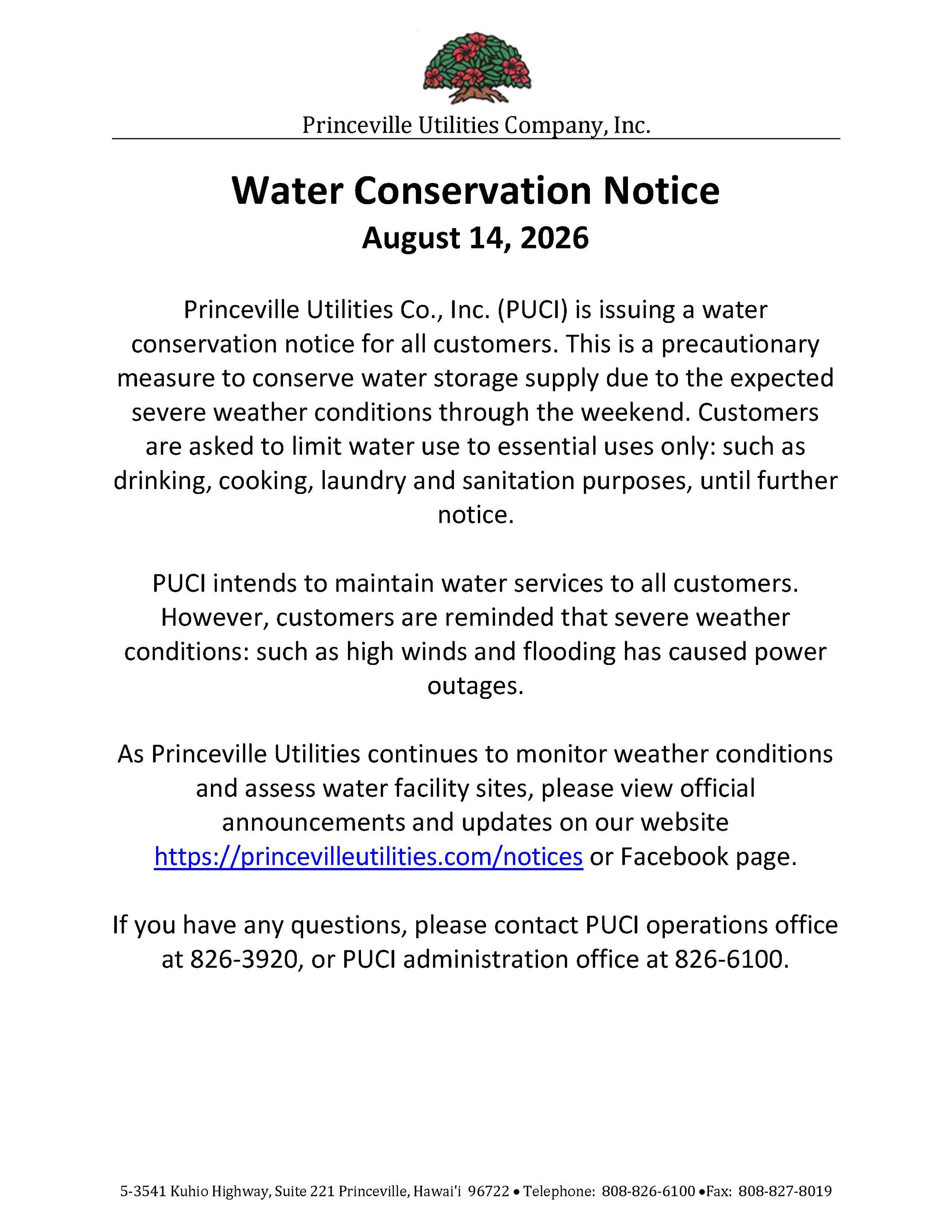 Water Conservation Notice 08/14/26