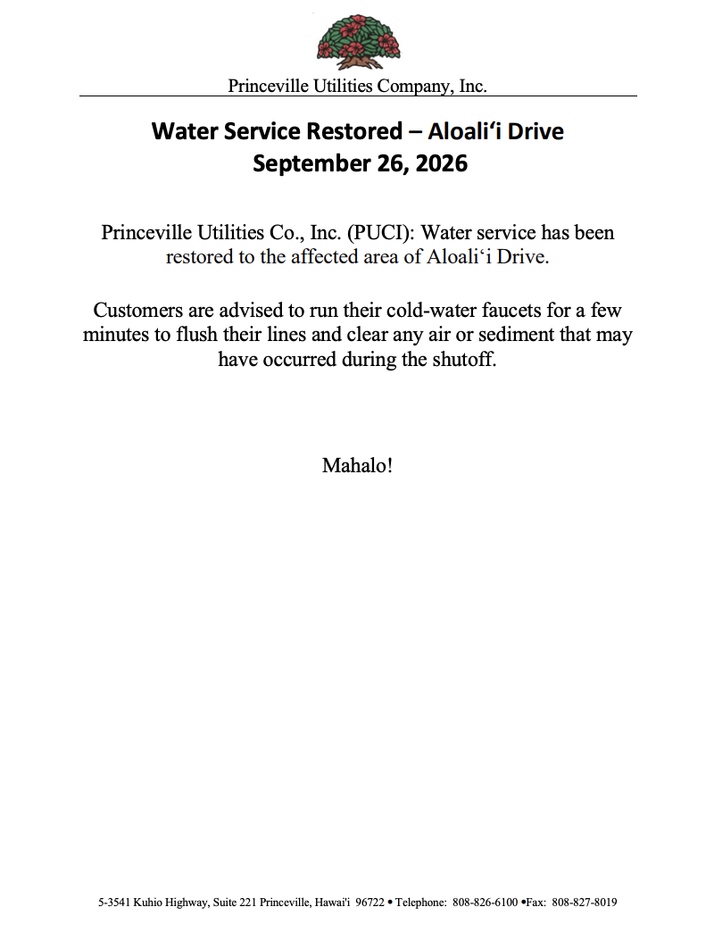 Water Service Restored – Aloaliʻi Drive