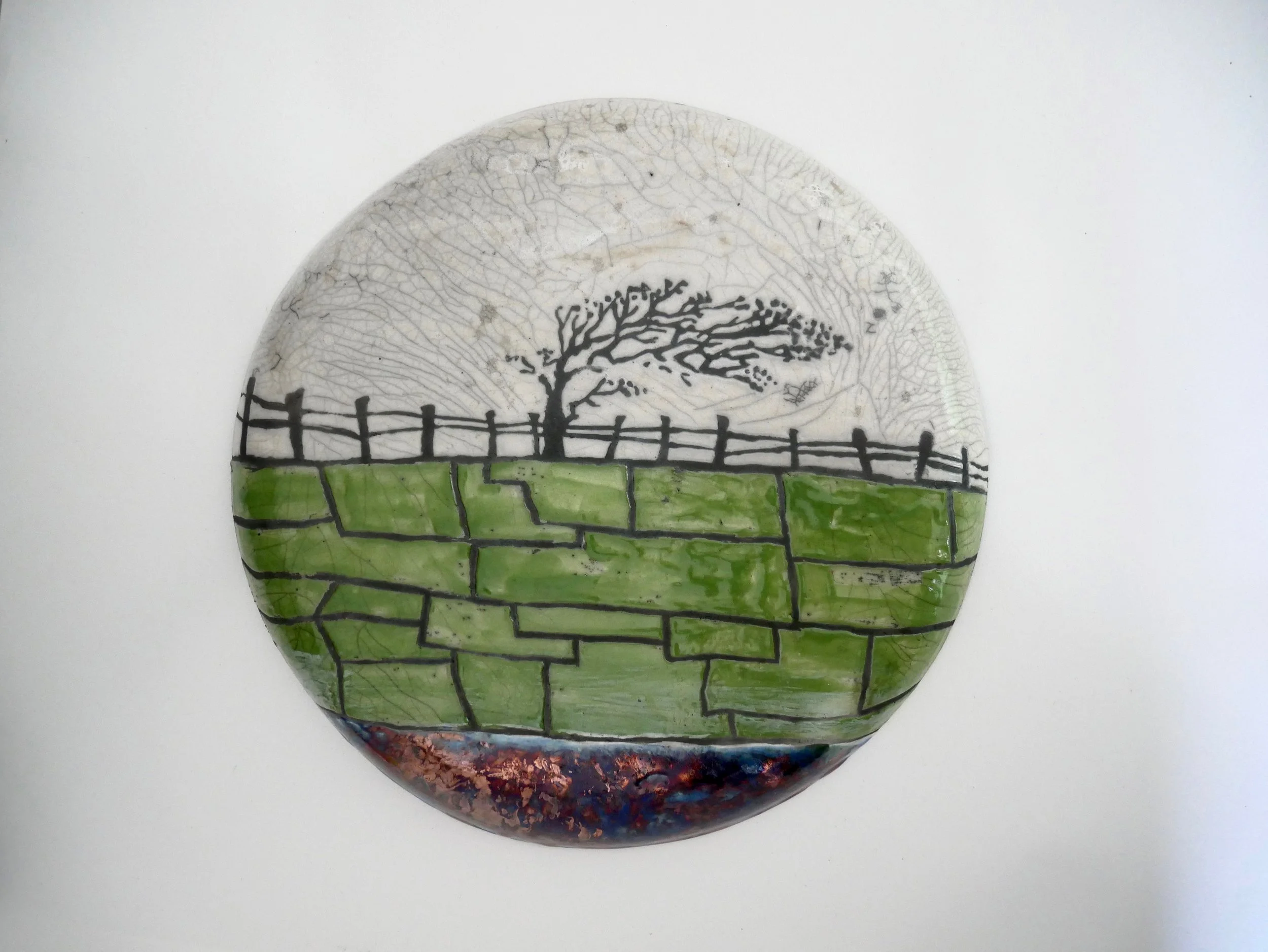 Raku wall panel of a windswept tree, large panel