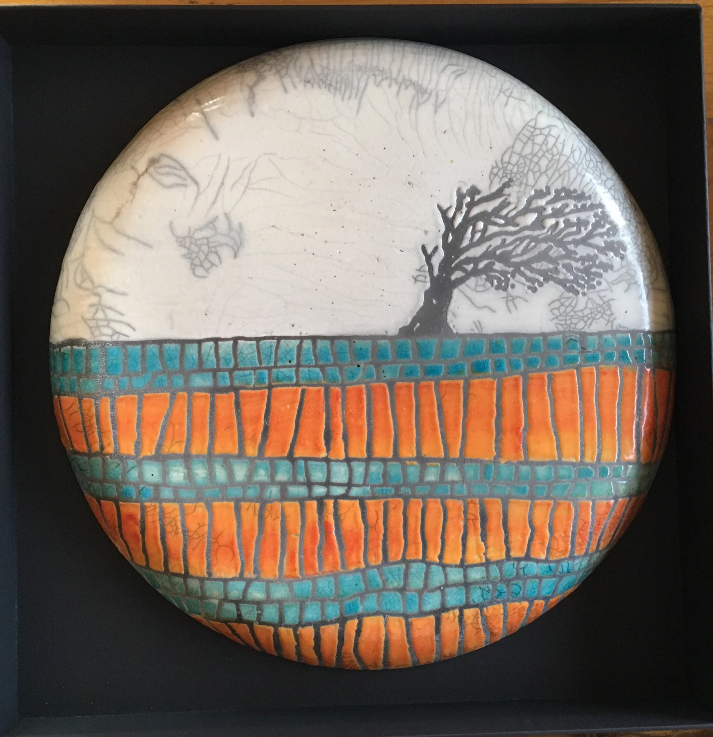 Autumnal Raku wall panel of a windswept tree - large panel
