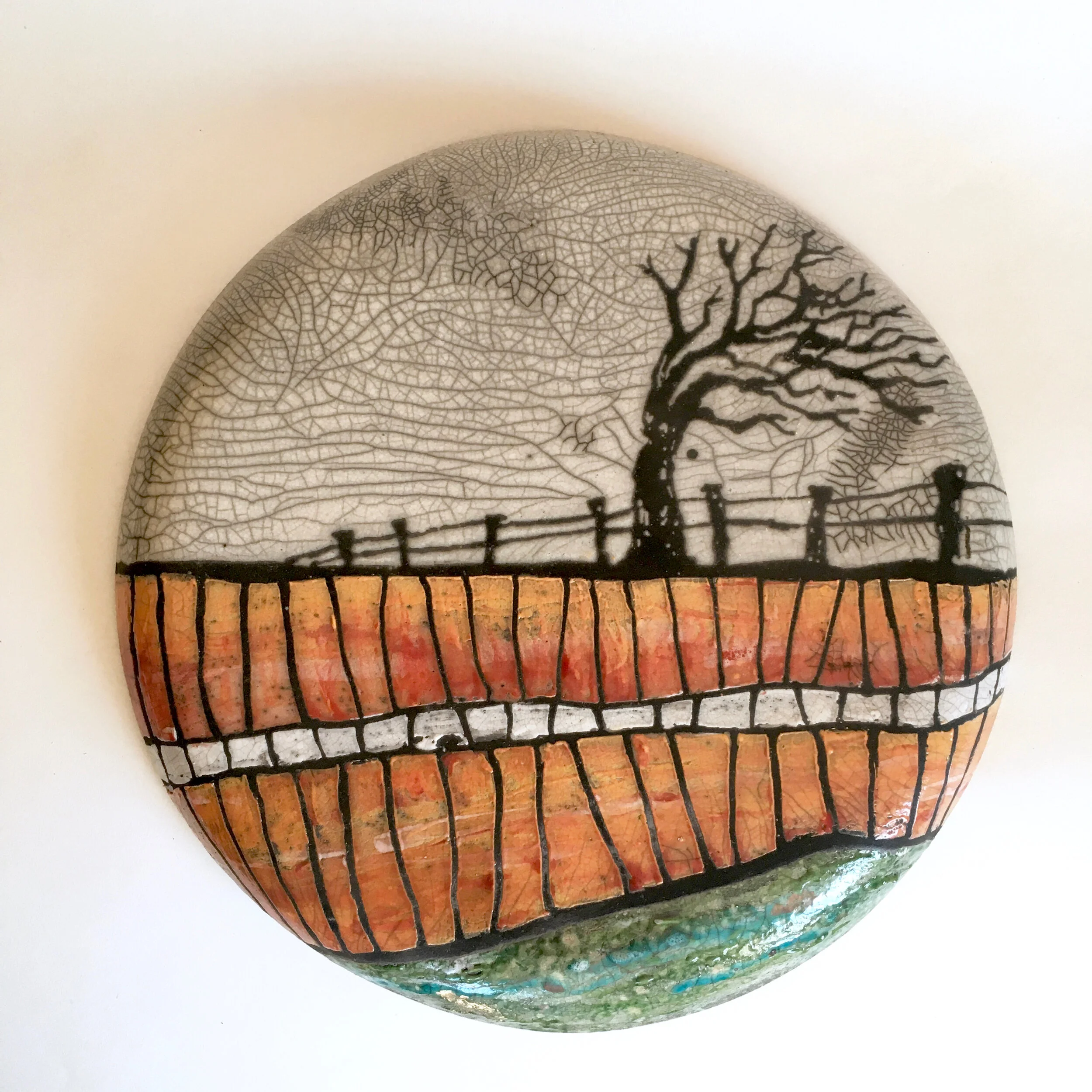 Autumnal Raku wall panel of a windswept tree - large panel