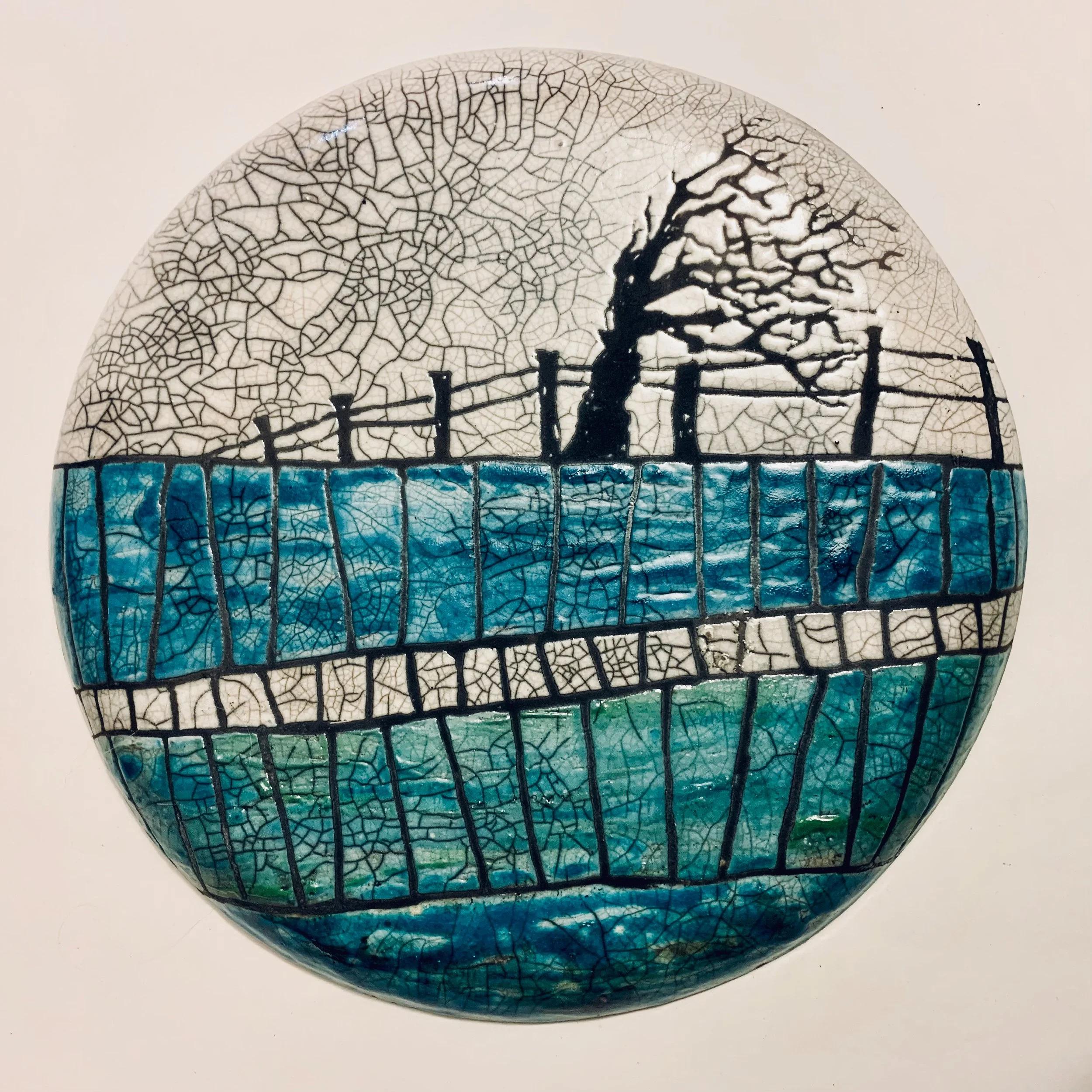 Autumnal Raku wall panel of a windswept tree - large panel