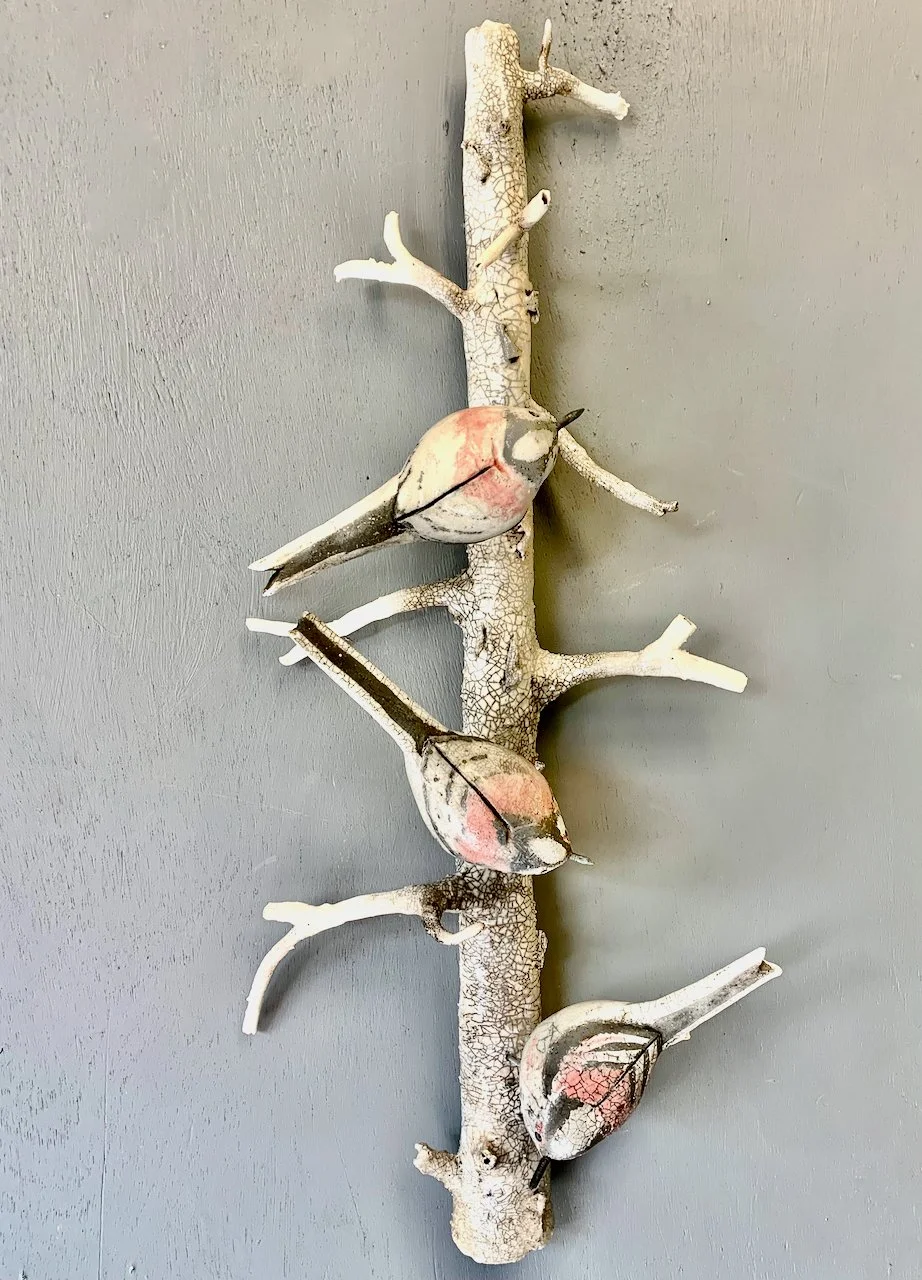 Raku fired Long tailed tits on a ceramic birch branch