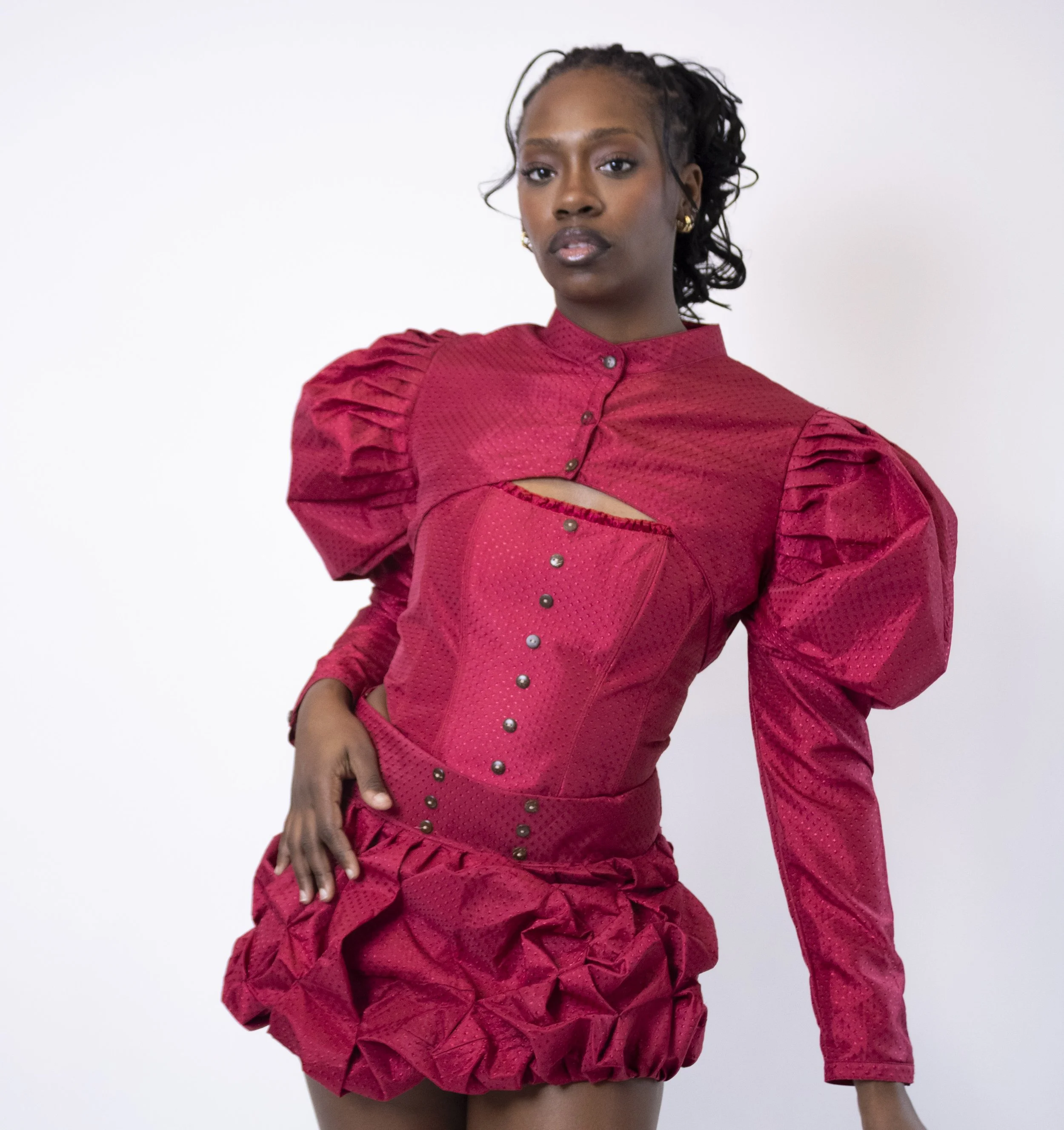 1:1 Upcycled Ruby Textured Bolero Puff Sleeve Jacket – L