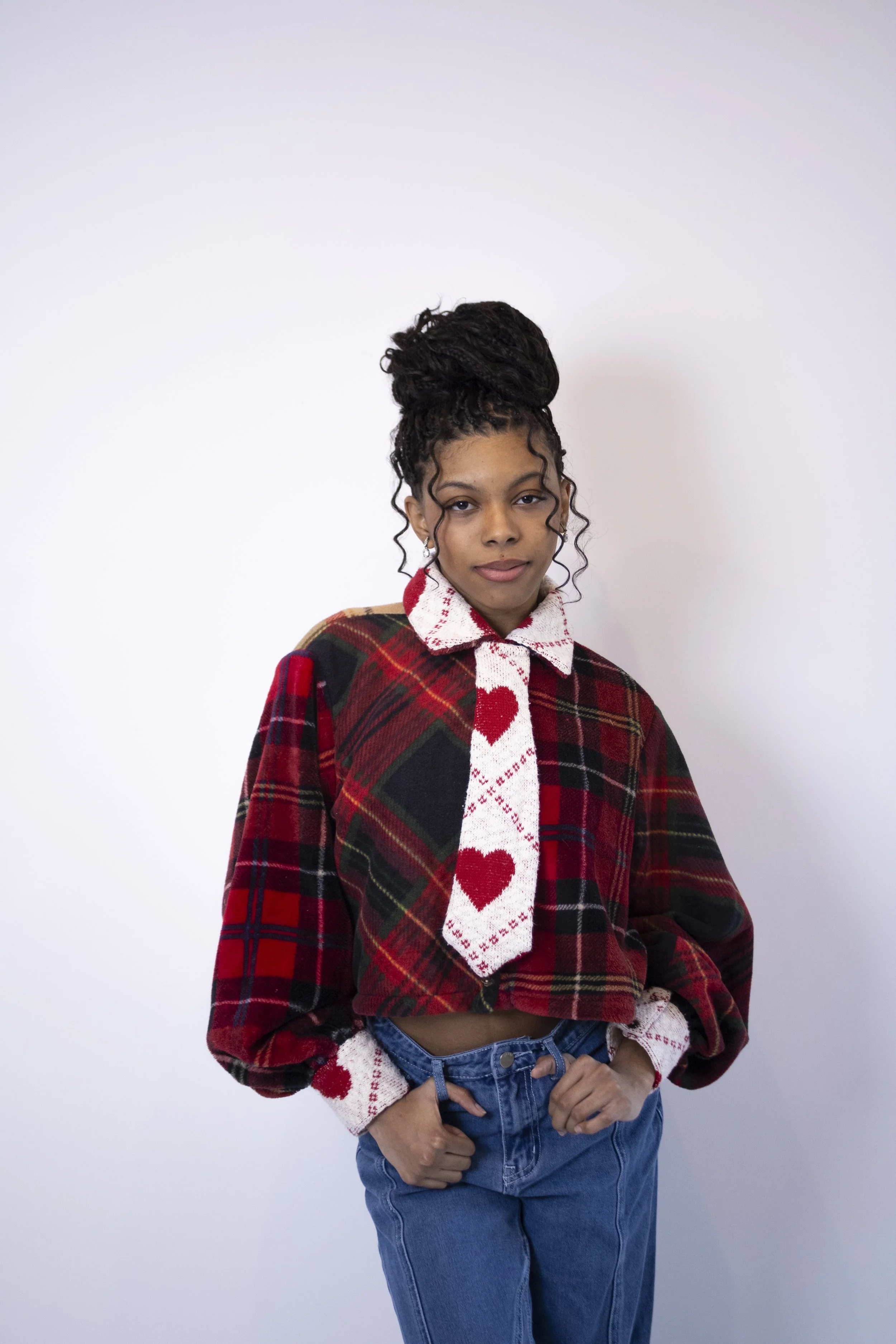 1:1 Upcycled Red Flannel with Hearts Boxy Crop Button Up – S