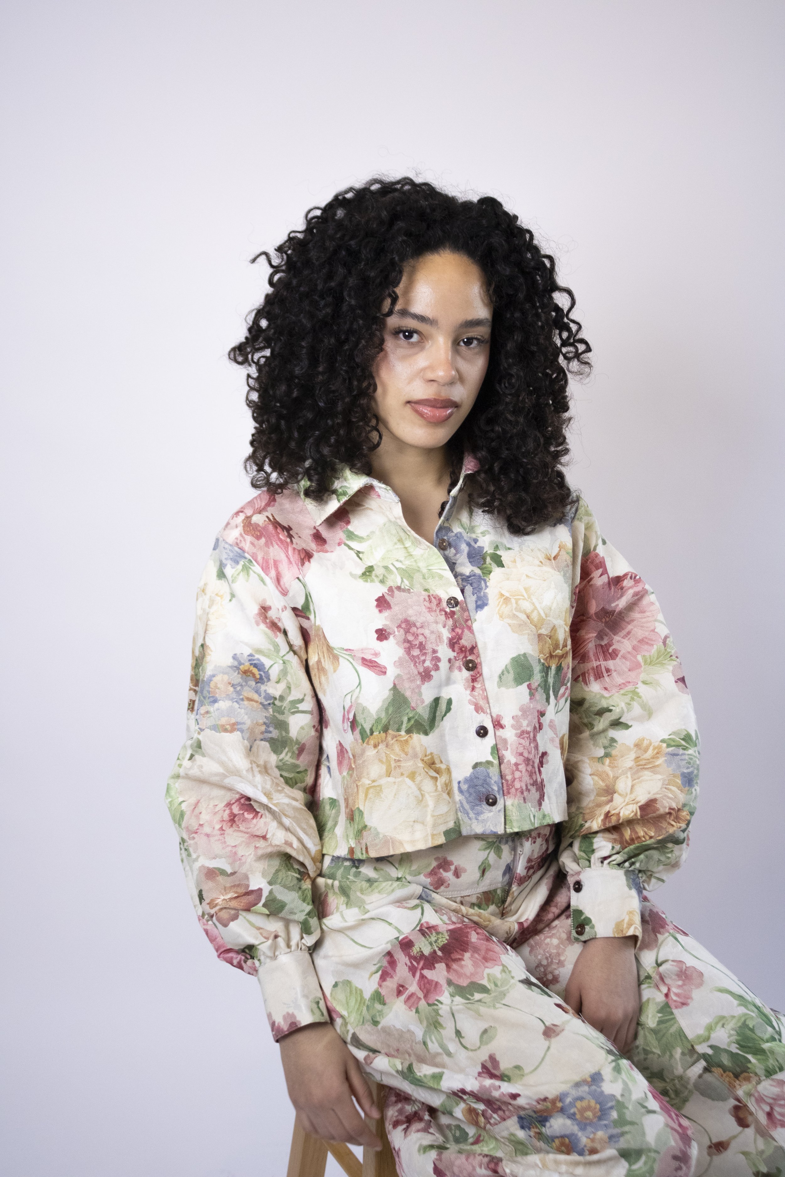 1:1 Upcycled Floral Tapestry Boxy Crop Button Up - M