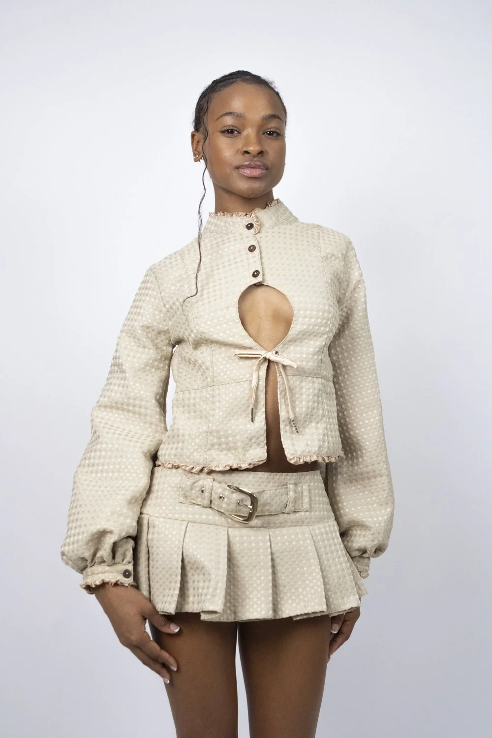 1:1 Upcycled Champagne Dot Jester Keyhole Top – XS