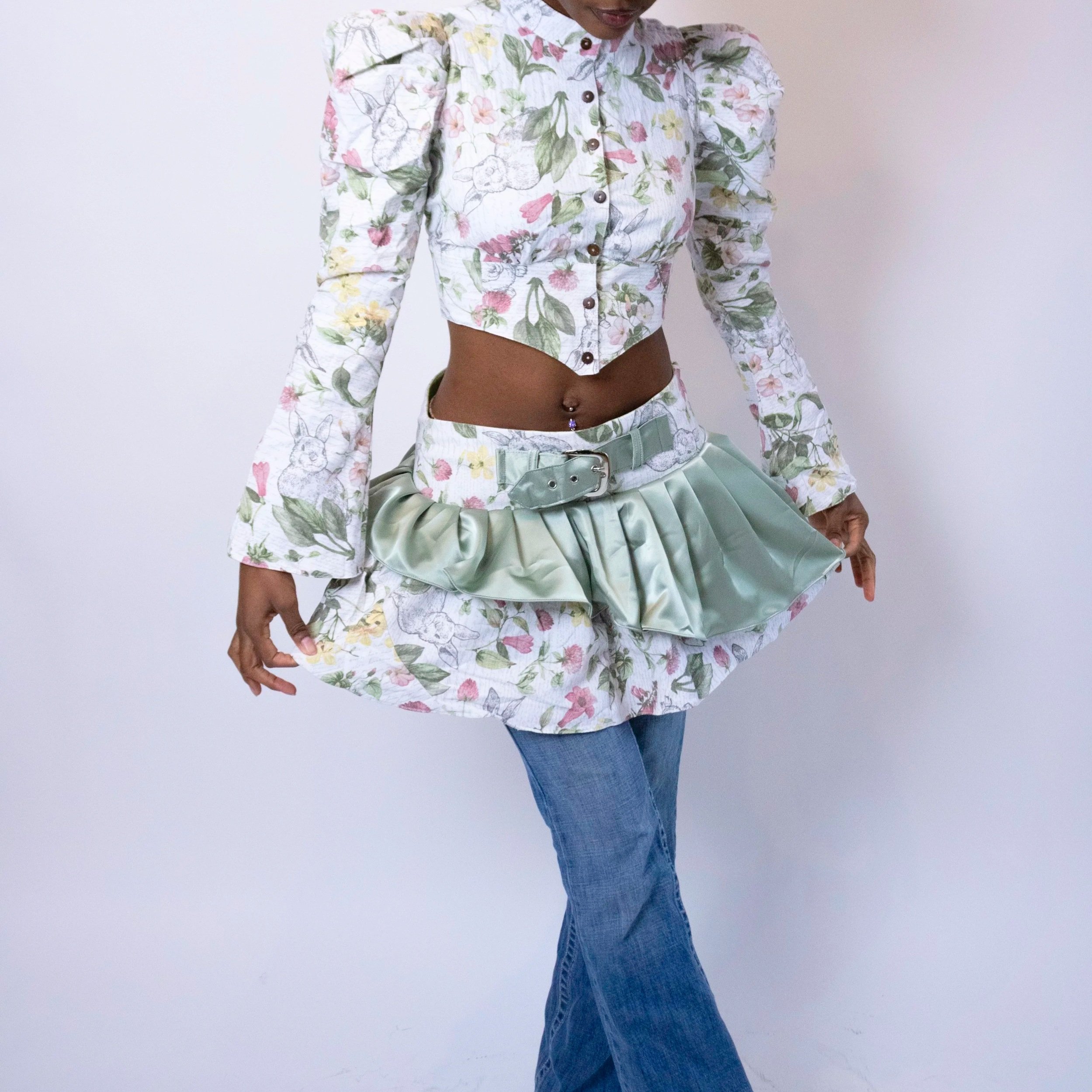 1:1 Upcycled Bunny Garden Asymmetrical Mini Skirt – S
