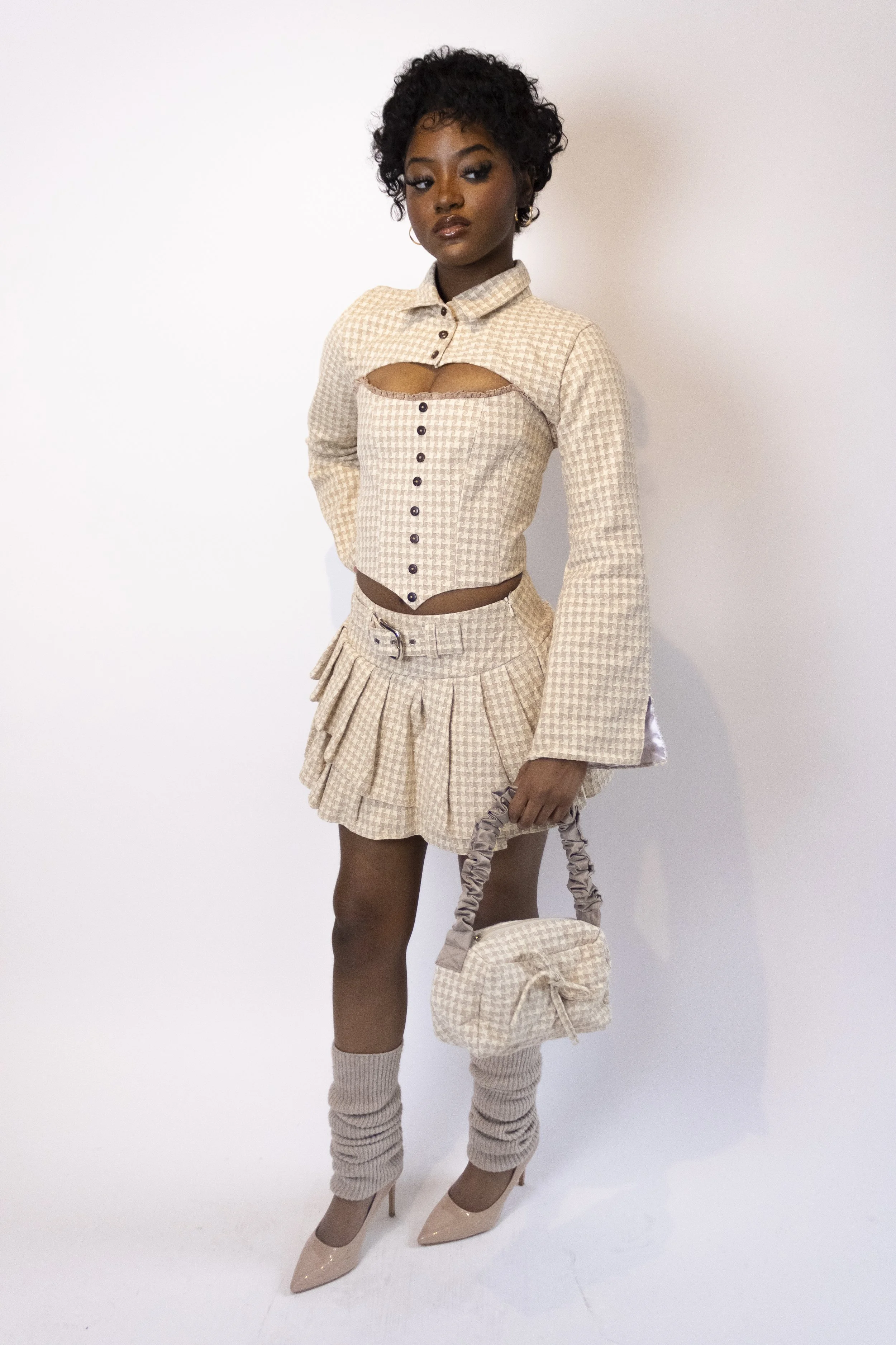 1:1 Upcycled Cream Houndstooth Bardot Corset – S