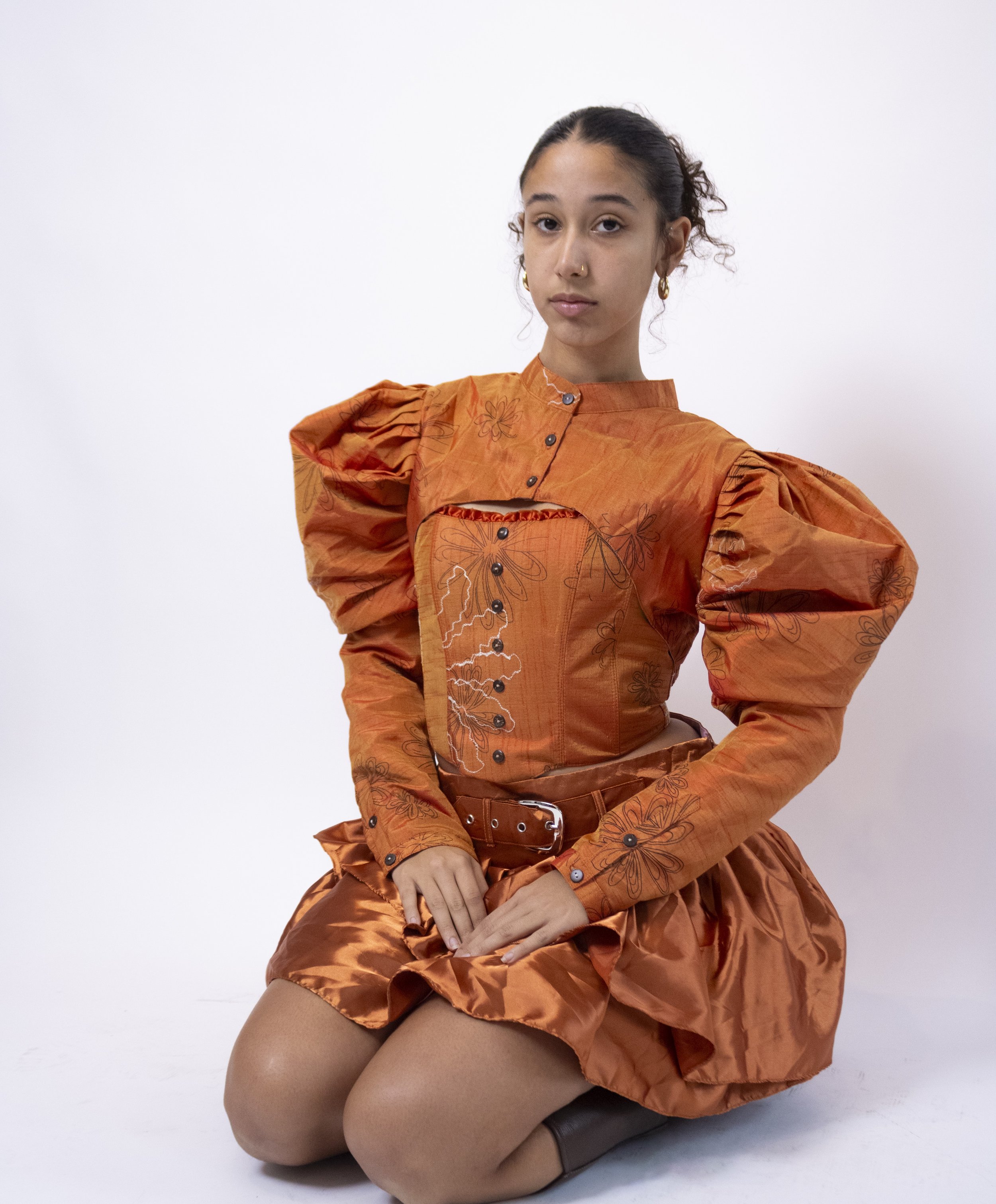 1:1 Upcycled Burnt Copper Floral Bolero Puff Sleeve Jacket – L