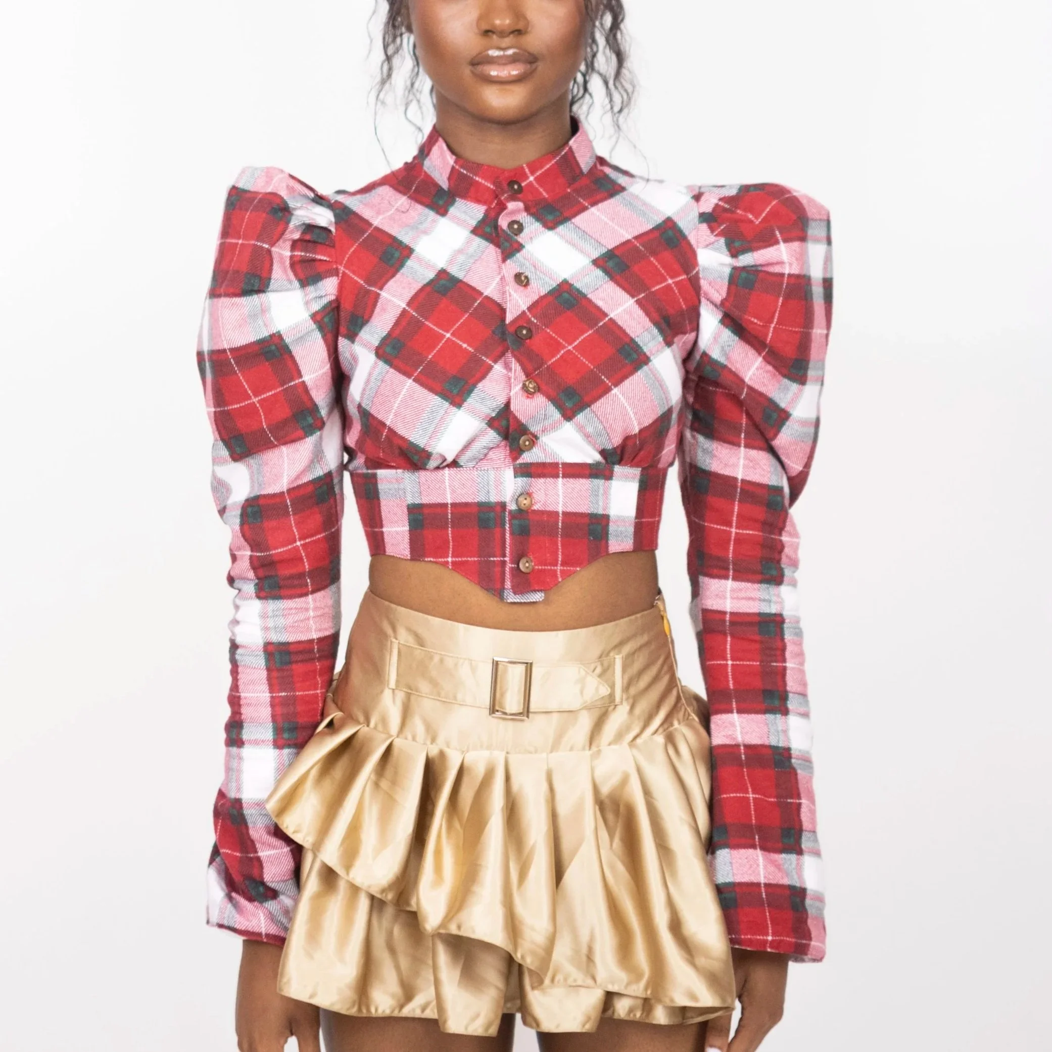 1:1 Upcycled Red Plaid Puff Sleeve Top – M